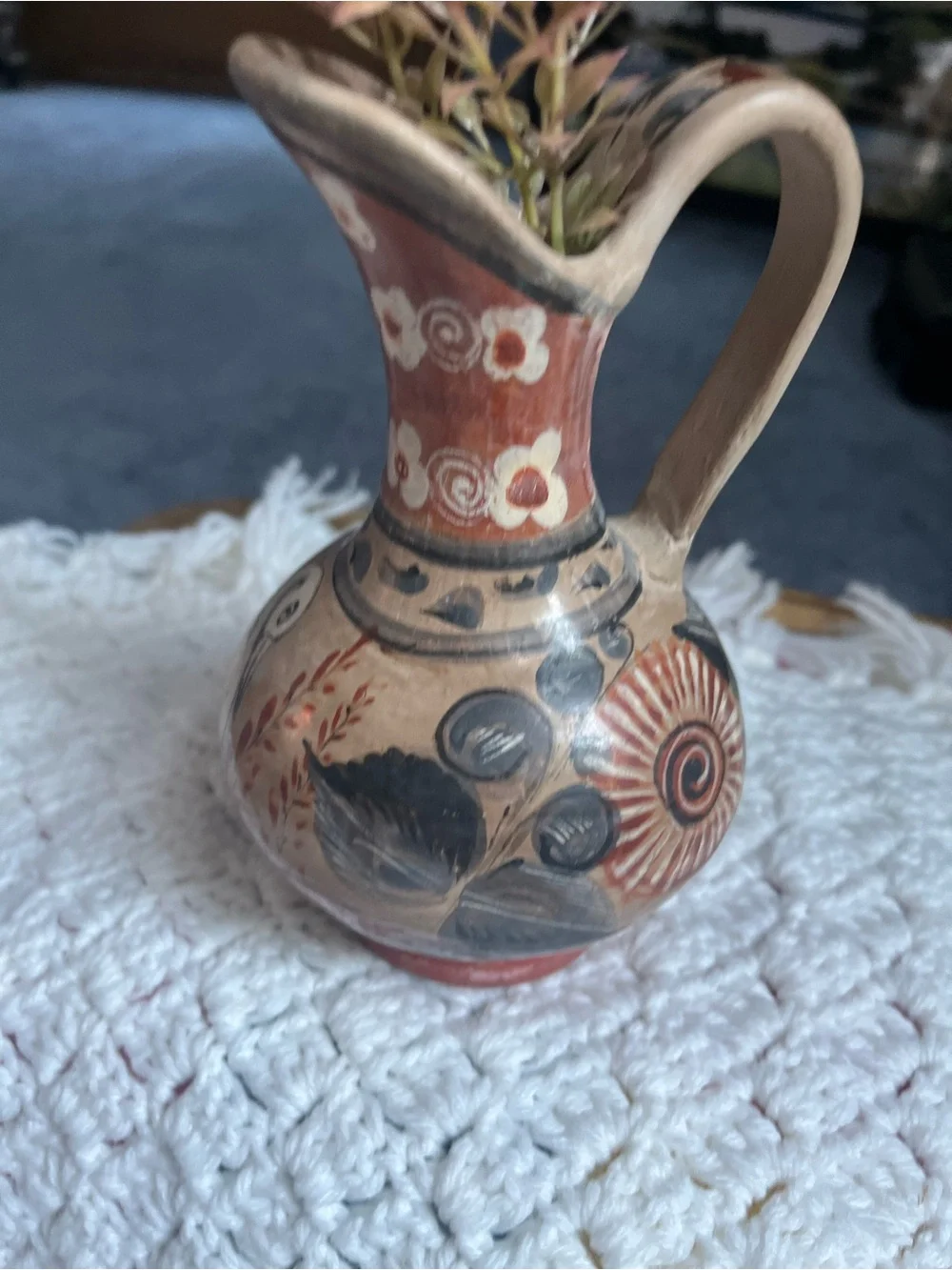 Vintage Mexican sm. pottery pitcher, Tonala hand painted burnished glaze